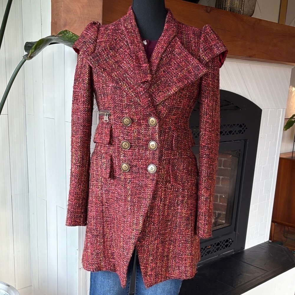 Nanette Lepore Red Tweed Double-Breasted Coat